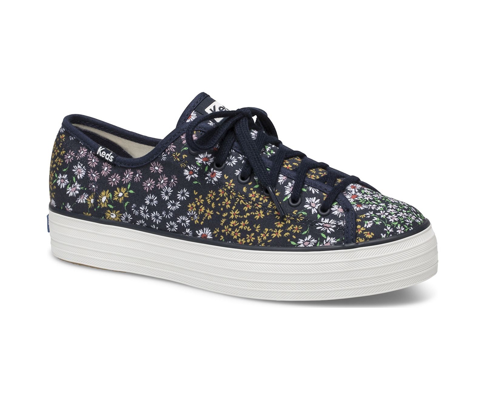 Πανινα Παπουτσια Γυναικεια - Keds Triple Kick Floral - Σκουρο Μπλε - TJVYW0286